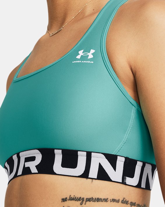 Women's HeatGear® Armour Mid Branded Sports Bra, Green, pdpMainDesktop image number 8